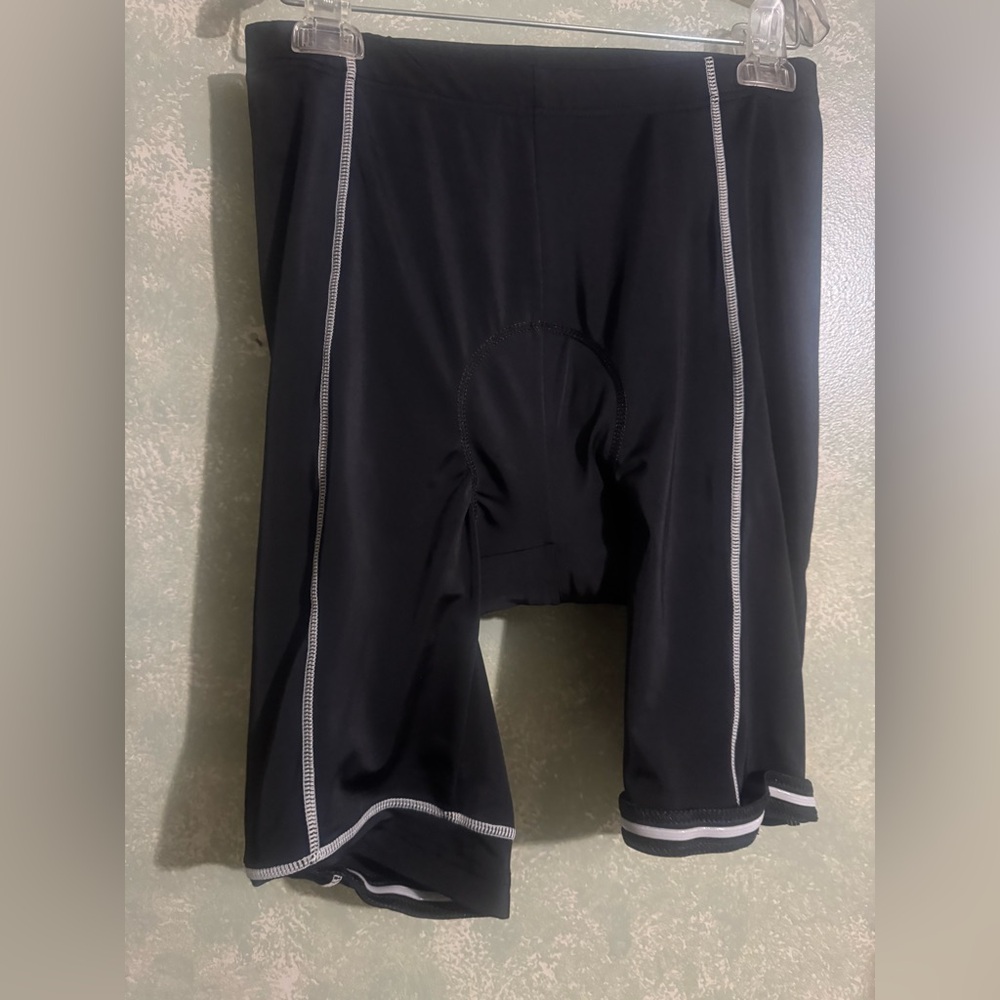 Black Cycling Shorts with White Trim with padding. Very comfortable.